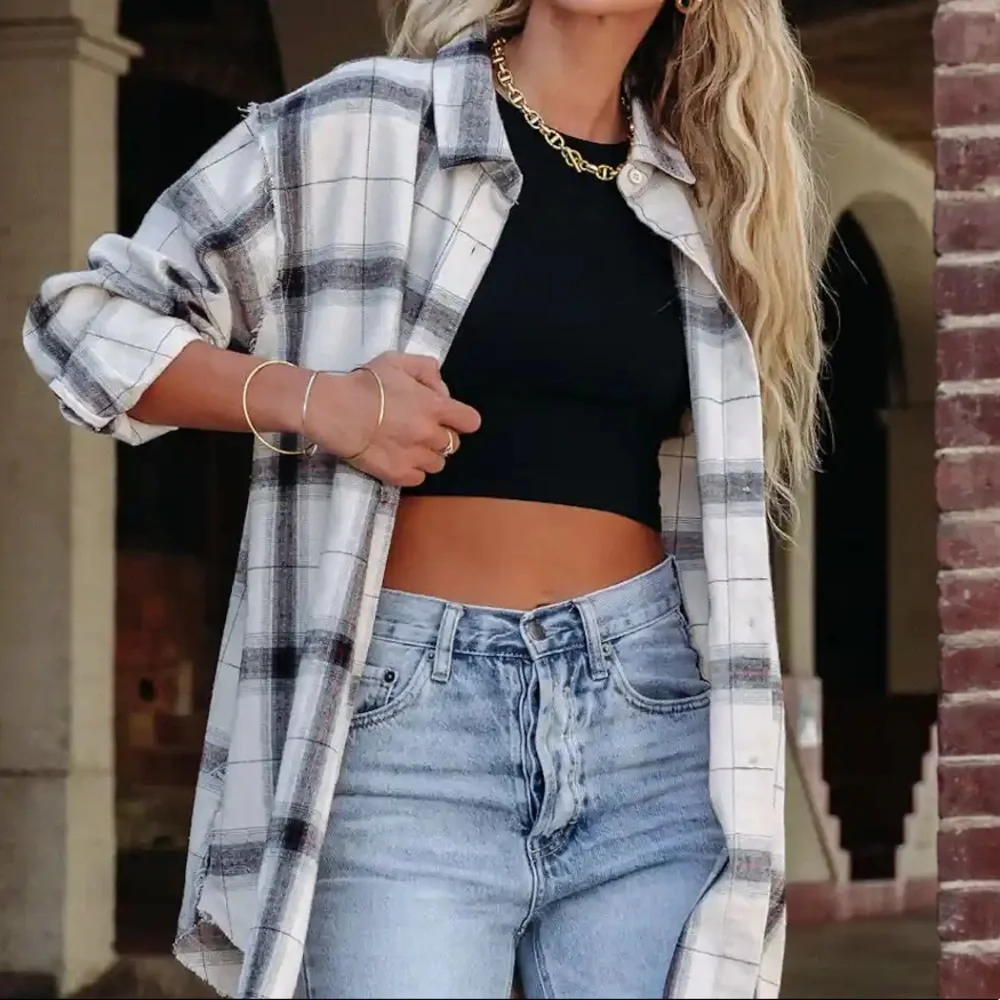 La Miel Frayed Plaid Button Down Oversized Flannel Top Shirt White Combo - Picture 6 of 9